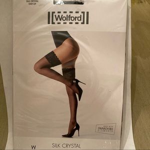 WOLFORD BLACK SILK CRYSTAL STAY-UP M SWAROVSKI Wide lace band NWT